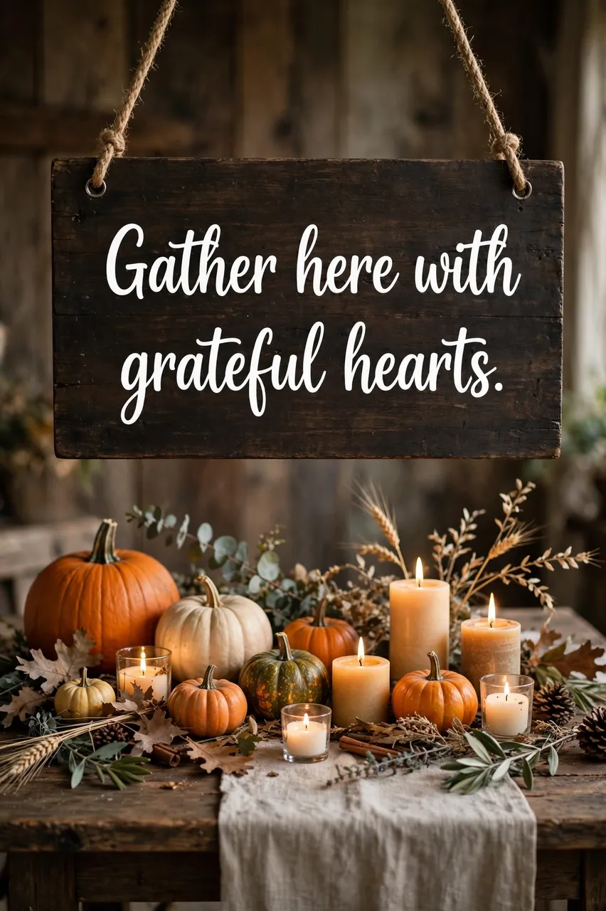 Hanging dark wooden sign reading "Gather here with grateful hearts." above a rustic harvest table with pumpkins and lit