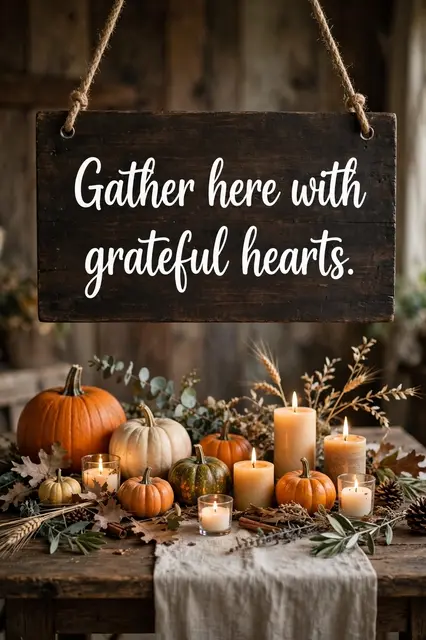 Hanging dark wooden sign reading "Gather here with grateful hearts." above a rustic harvest table with pumpkins and lit