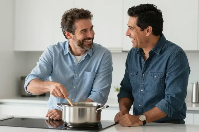 Two smiling middle aged men laugh together while one stirs a pot on a modern kitchen island