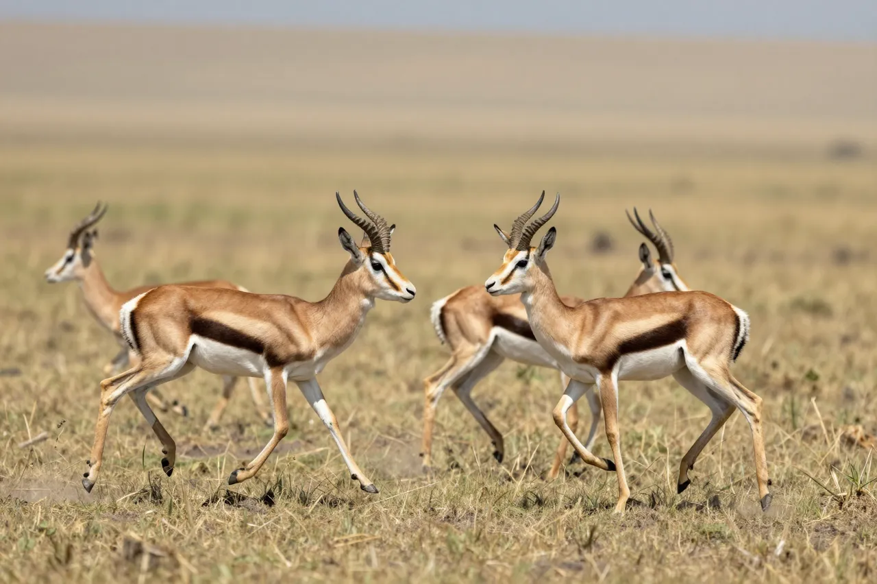 A small herd of gazelles moves across dry open savanna grassland in bright daylight.