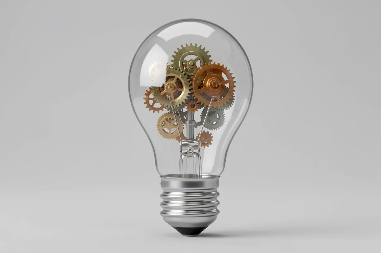 A 3D rendered glass light bulb filled with interlocking brass and silver gears against a plain light gray background
