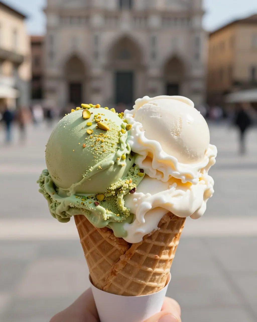 Hand holding a waffle cone with pistachio and stracciatella gelato in a sunny European city piazza