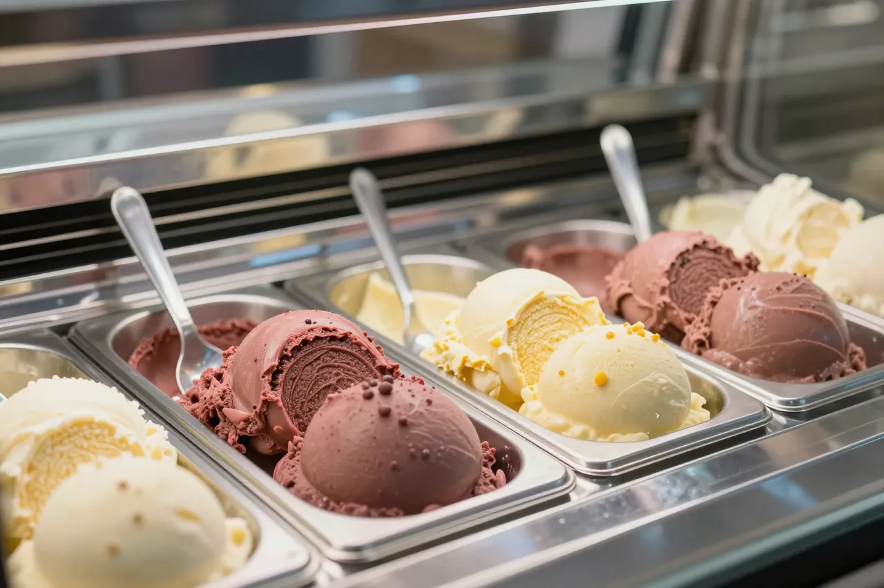 Assorted chocolate and vanilla gelato scoops sit in metal trays inside a refrigerated display case