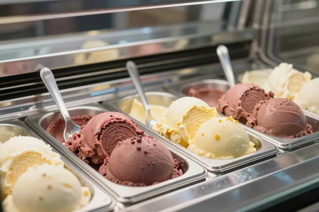 Assorted chocolate and vanilla gelato scoops sit in metal trays inside a refrigerated display case