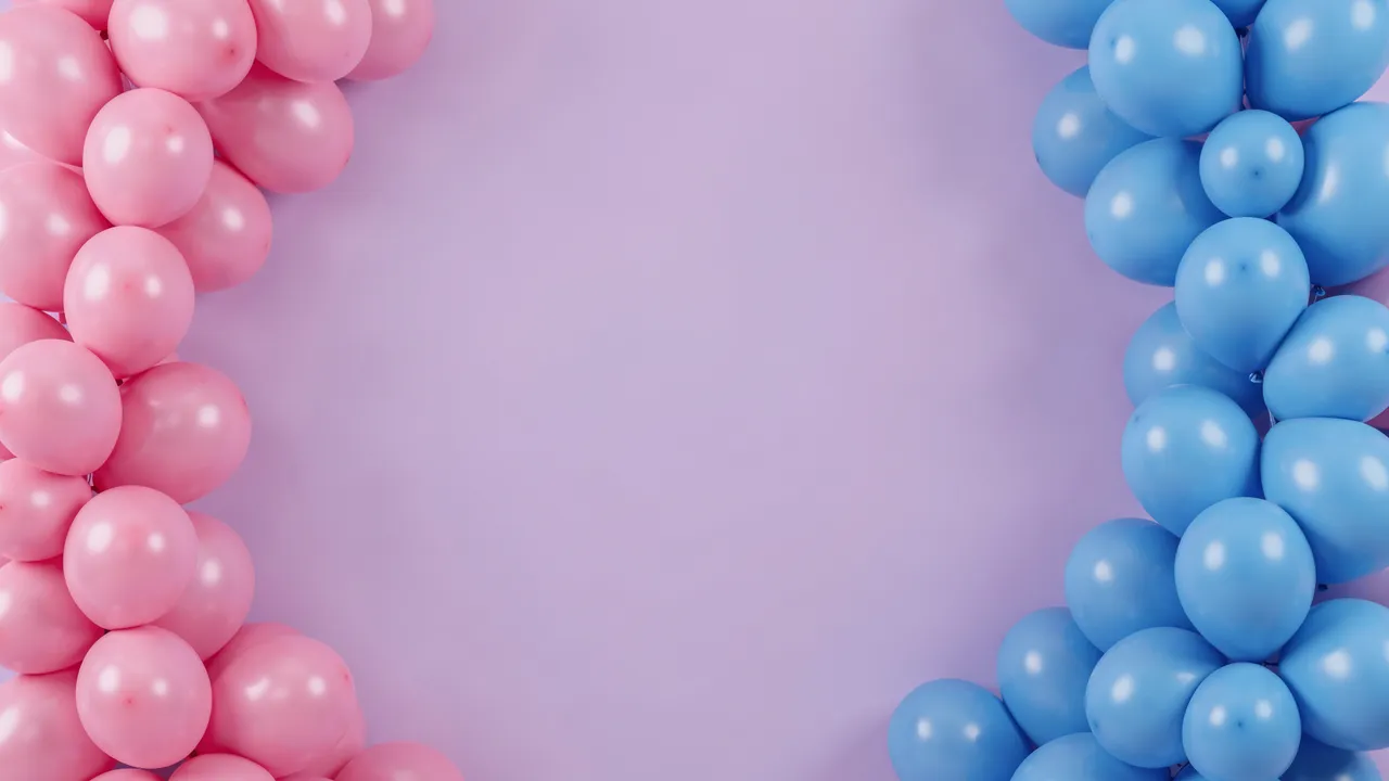 Pink balloons on the left and blue balloons on the right frame a blank lilac center background