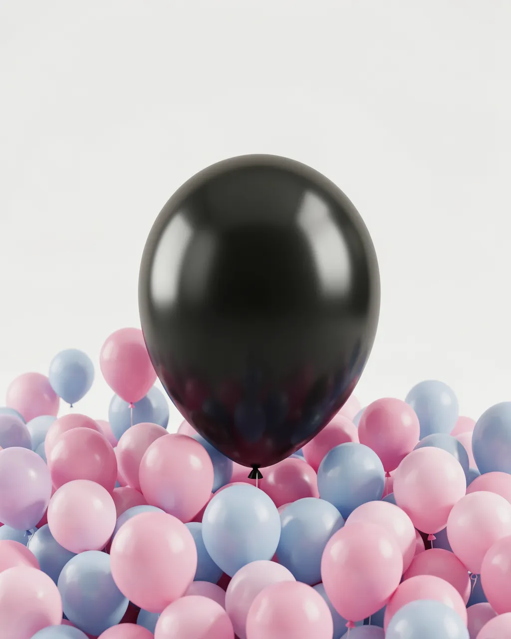 A large glossy black balloon sits above a group of small pink and blue balloons with empty light background space above