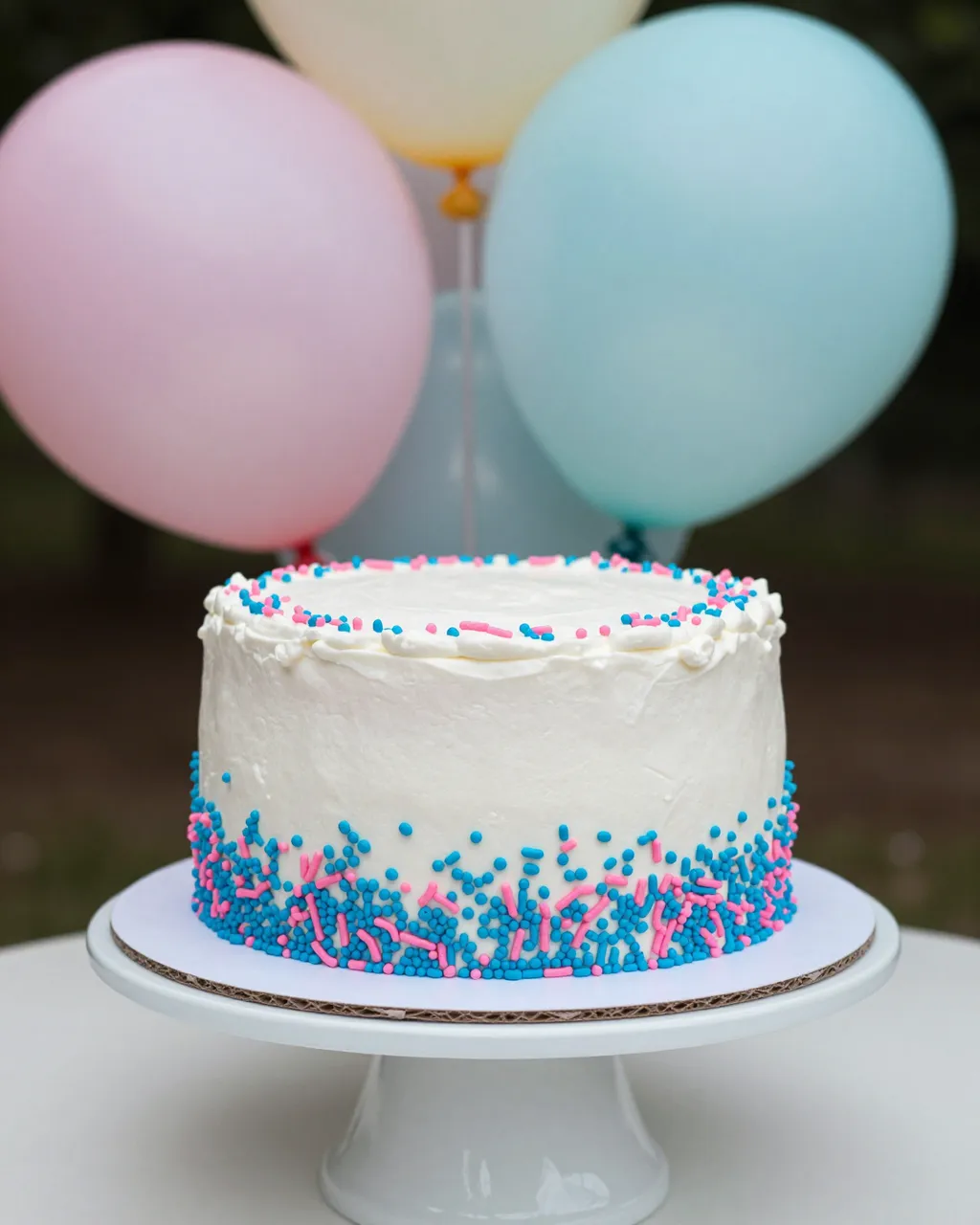 White frosted gender reveal cake with pink and blue sprinkles sits on a stand in front of blurred pastel balloons.