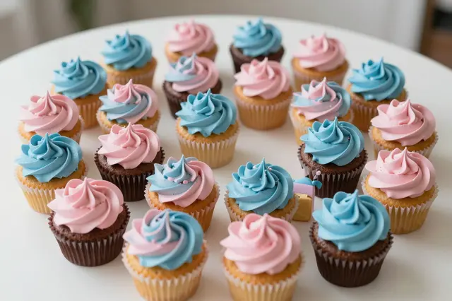 Top-down view of pink and blue frosted cupcakes arranged on a round white table for a gender reveal party