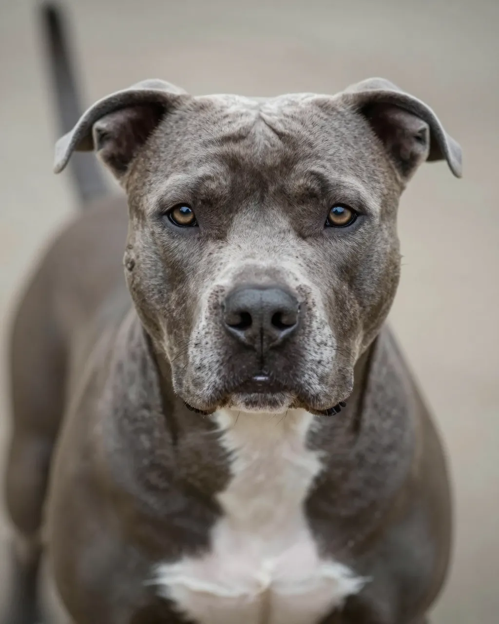 Close-up portrait of a gray pitbull with a white chest marking looking directly at the camera in soft light
