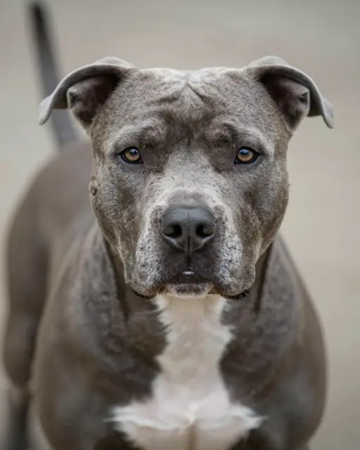 Close-up portrait of a gray pitbull with a white chest marking looking directly at the camera in soft light