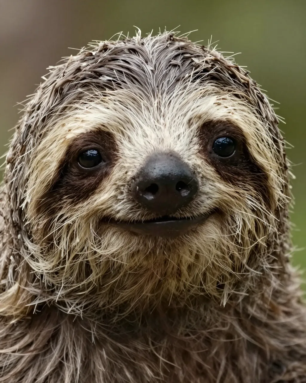 Close-up portrait of a sloth face with a soft gentle smile, looking directly at the camera.