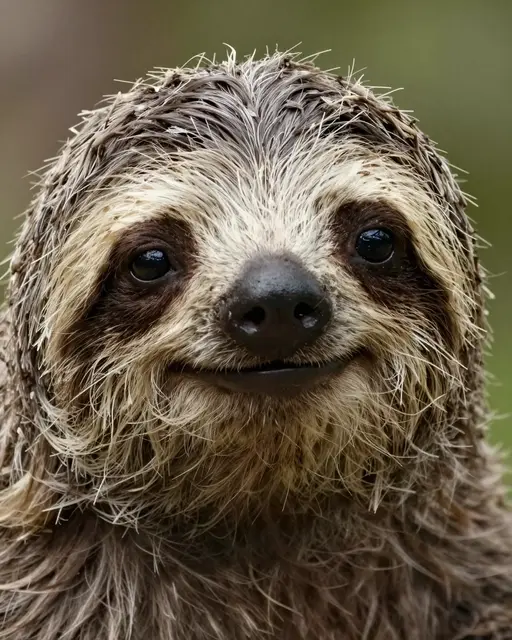 Close-up portrait of a sloth face with a soft gentle smile, looking directly at the camera.