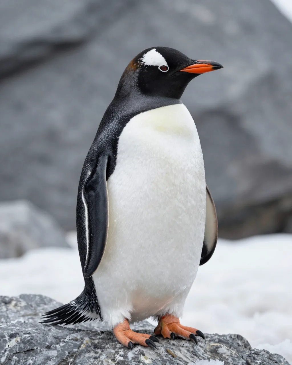 A gentoo penguin stands upright on a grey snowy rock against a blurred icy background.