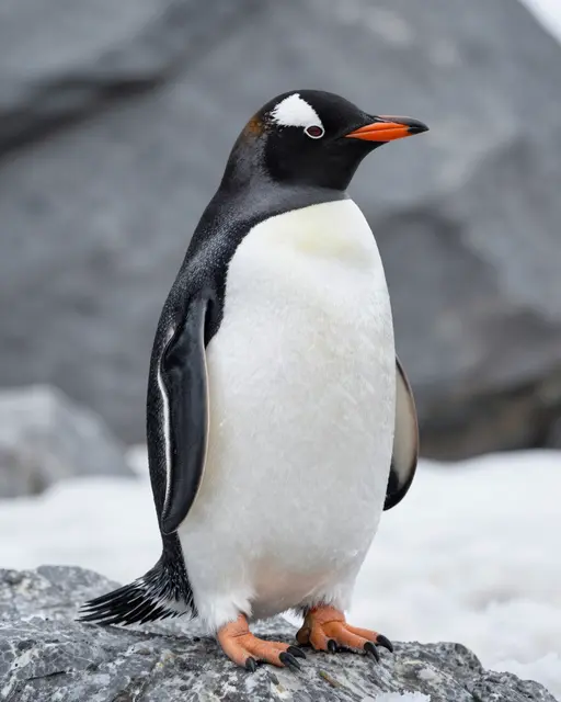 A gentoo penguin stands upright on a grey snowy rock against a blurred icy background.