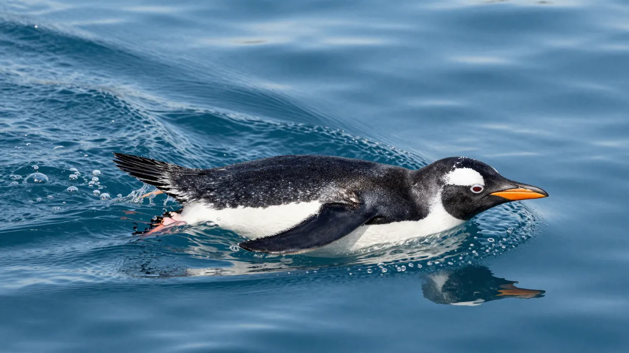 A gentoo penguin swims at speed through bright blue polar water with trailing bubbles.