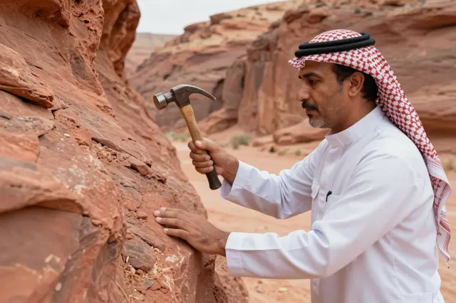 Middle Eastern geologist uses a rock hammer to inspect a sandstone outcrop in a red desert canyon
