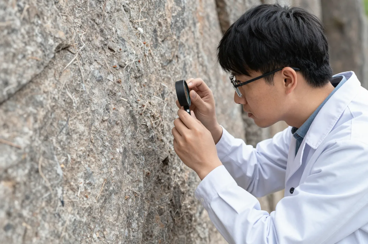 Side view of a male geologist using a hand lens to inspect a rough outdoor rock wall