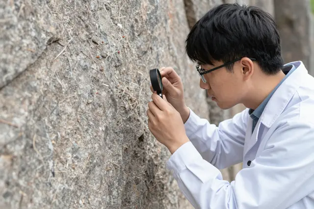 Side view of a male geologist using a hand lens to inspect a rough outdoor rock wall