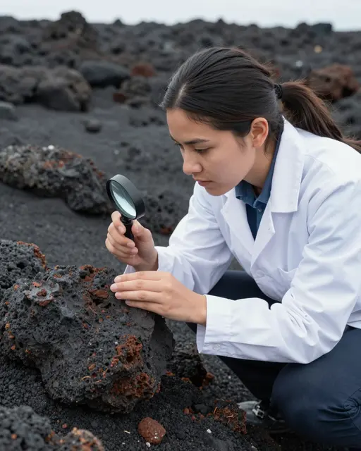 A young female geologist uses a hand lens to inspect a volcanic rock in a black lava field