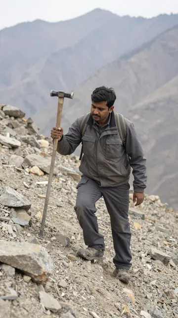 South Asian geologist hikes a rocky alpine slope holding a rock hammer with distant mountains behind him