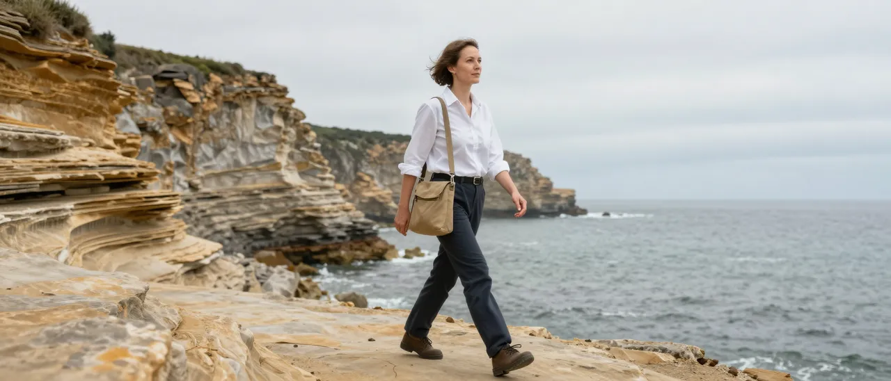 A female geologist in her thirties walks along layered sea cliffs under an overcast sky with a canvas pouch.