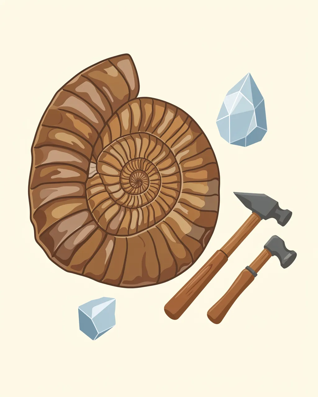 Flat vector illustration showing an ammonite fossil, quartz crystals, and geological hammers on a cream background