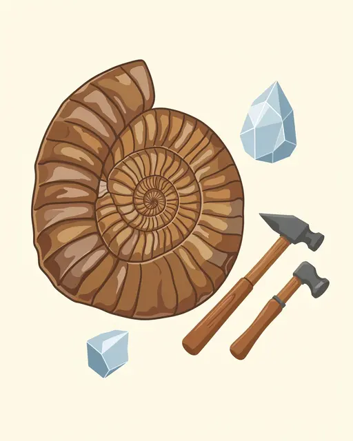 Flat vector illustration showing an ammonite fossil, quartz crystals, and geological hammers on a cream background