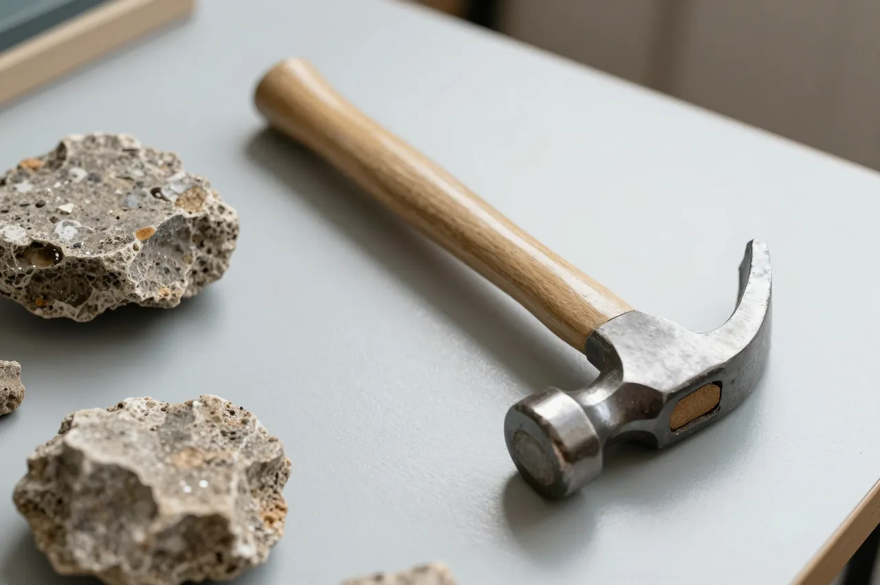 A claw hammer and porous rock specimens rest on a light gray table surface.