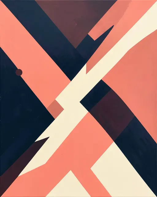 Abstract painted composition of overlapping diagonal geometric planes in navy, coral, and cream tones