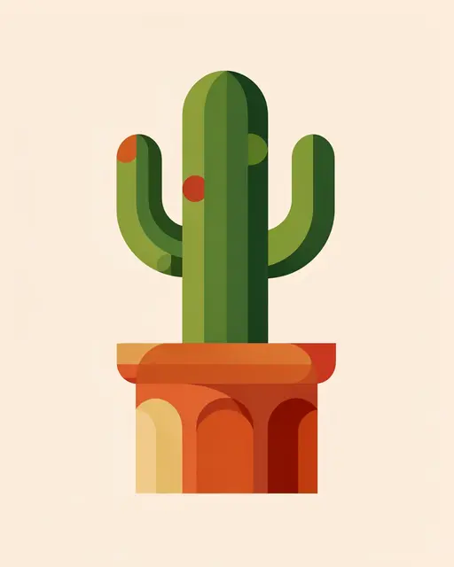 Minimalist geometric illustration of a saguaro cactus in an arched terracotta pot on a pale neutral background