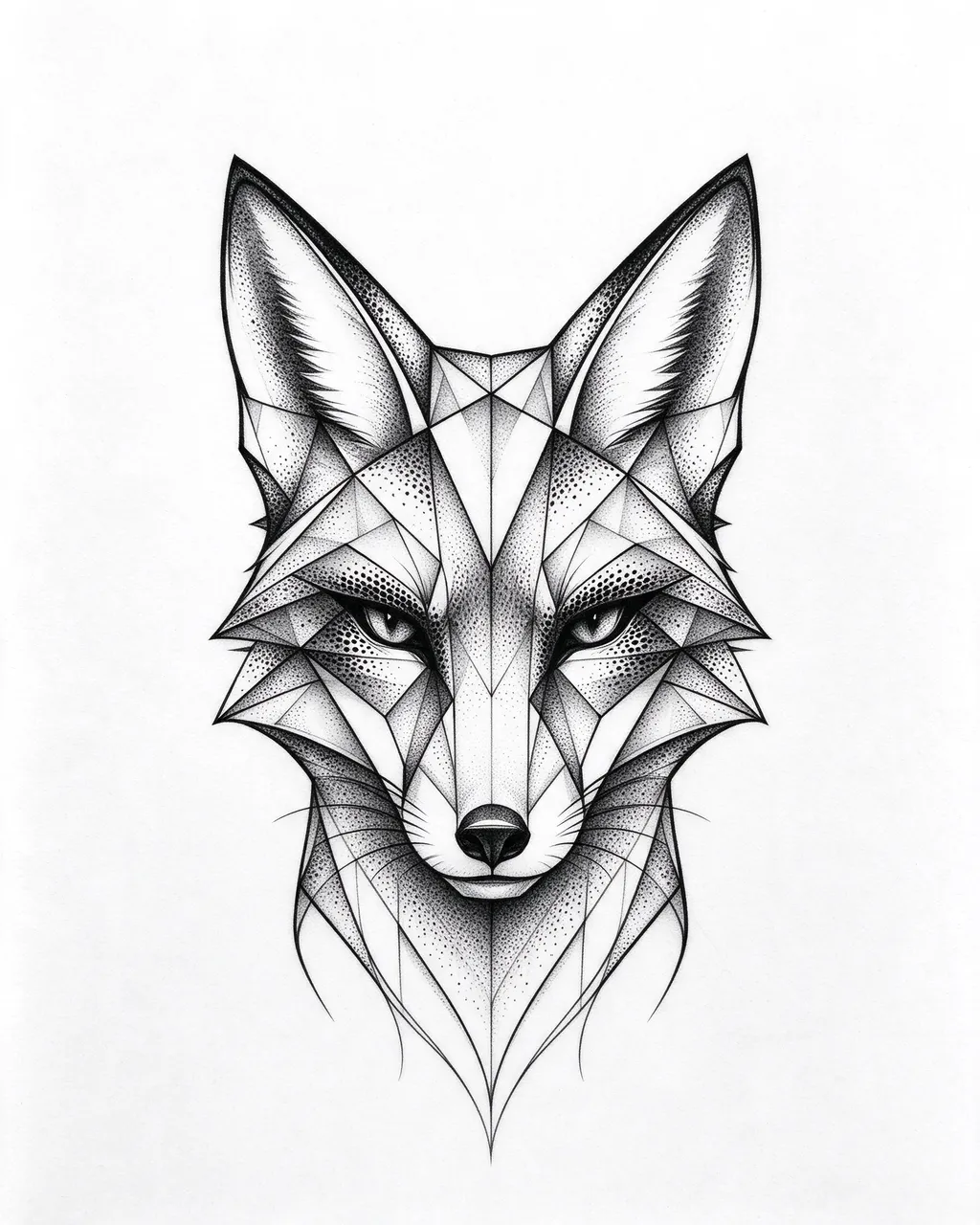 A symmetrical geometric fox head illustration made of fine lines, triangles and dotwork shading on a plain white background