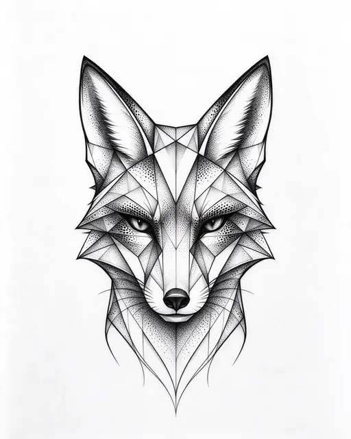 A symmetrical geometric fox head illustration made of fine lines, triangles and dotwork shading on a plain white background