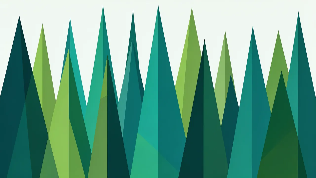 Minimalist triangular pine forest rendered in varying shades of green and teal against a pale off-white background
