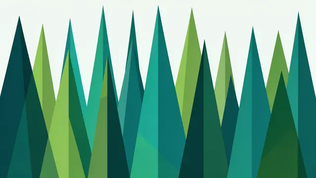 Minimalist triangular pine forest rendered in varying shades of green and teal against a pale off-white background