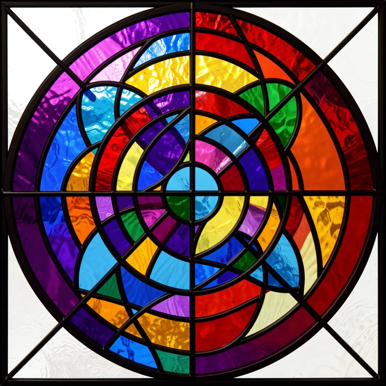 Symmetrical circular stained glass design with overlapping arcs, bold black lead lines and vibrant jewel tones