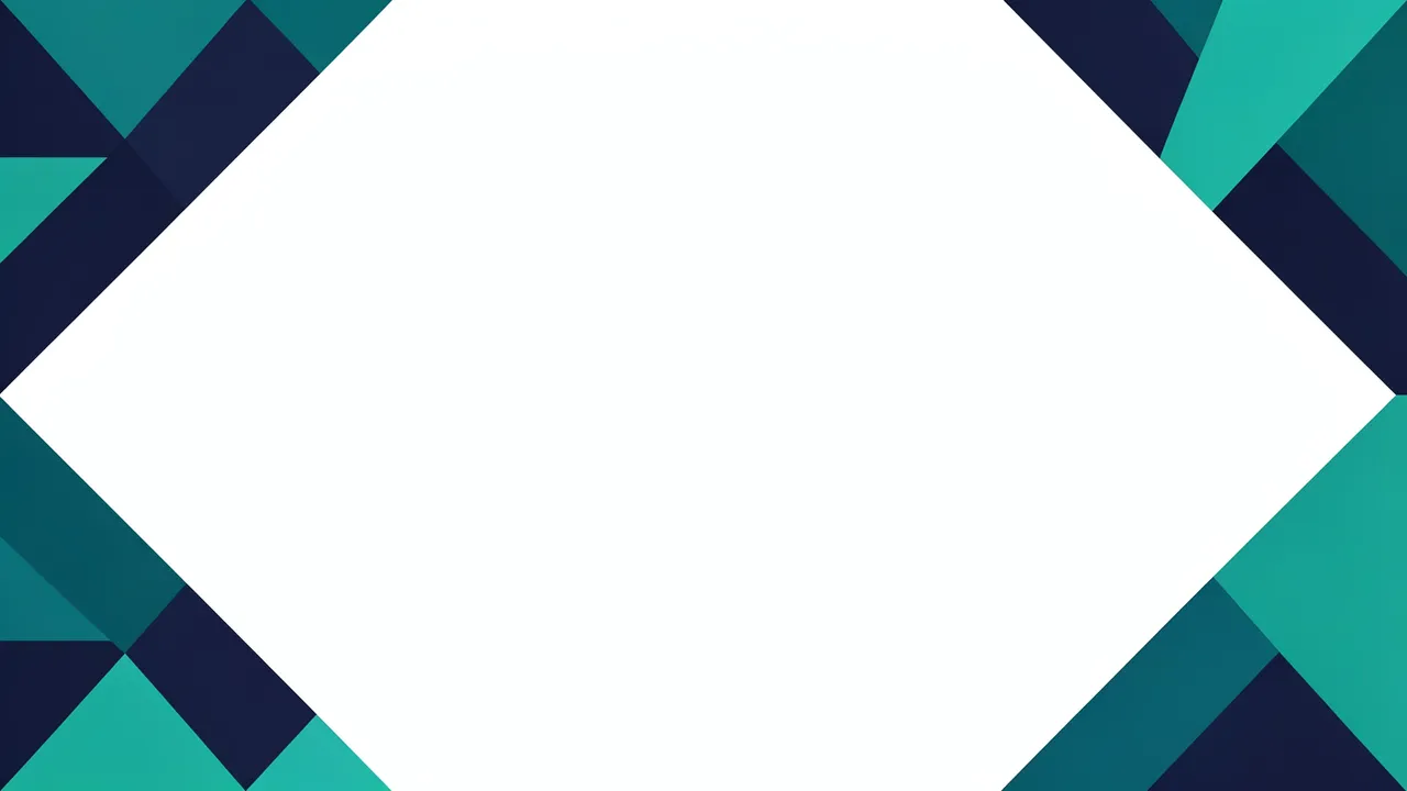 Navy and teal geometric triangles frame a large empty white center area