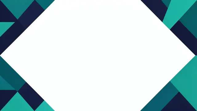 Navy and teal geometric triangles frame a large empty white center area