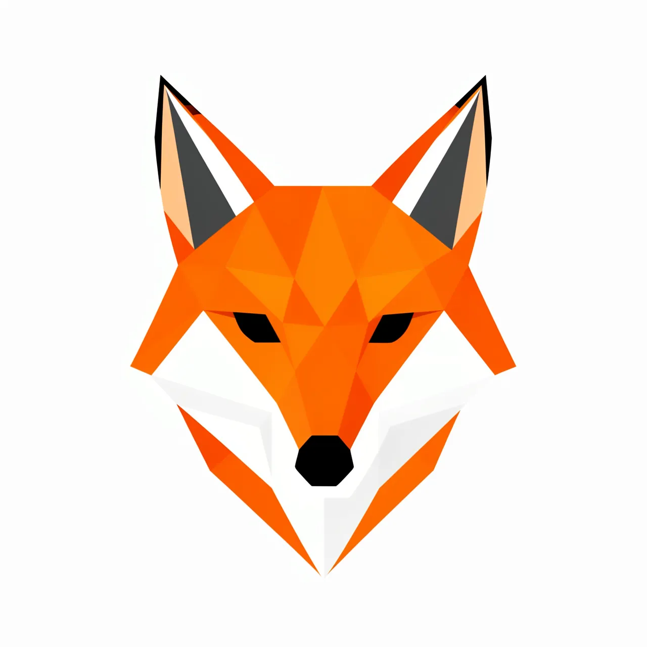 Low-poly triangular fox head illustration in orange and white against a plain white background