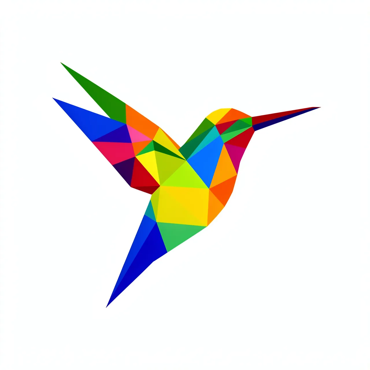 Low-poly hummingbird composed of sharp multicolored triangles against a plain white background
