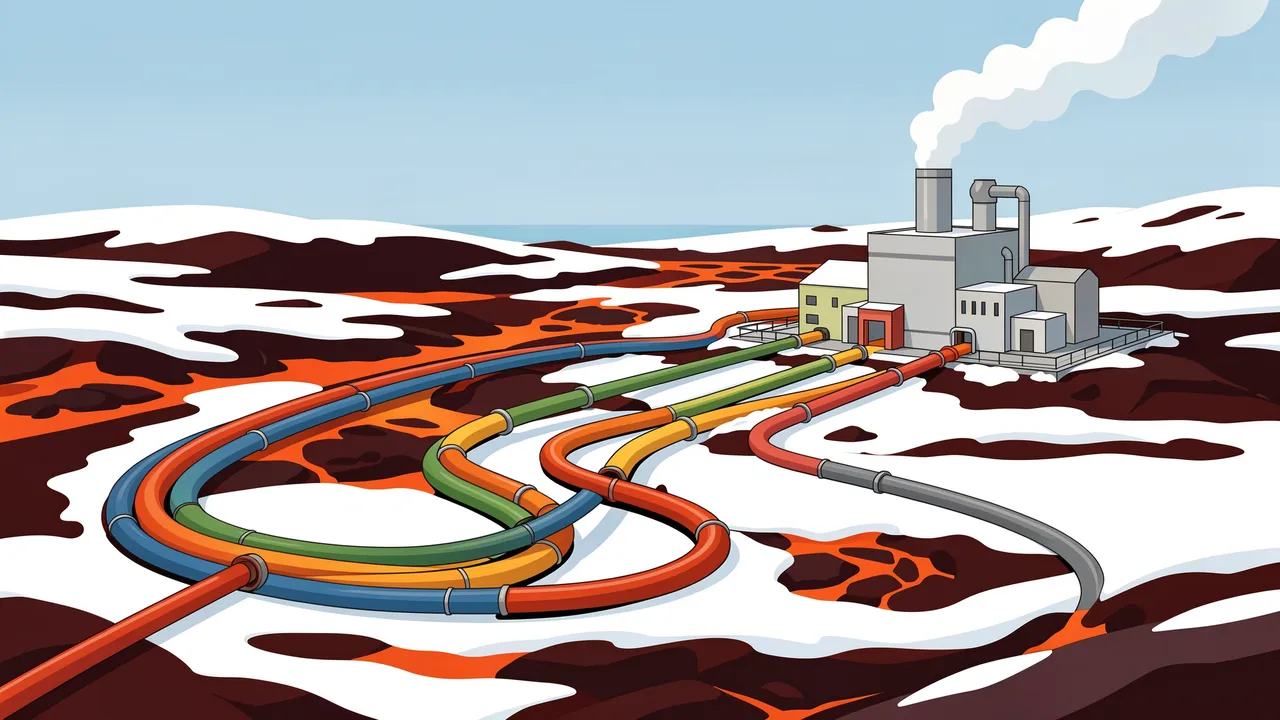 Colorful snaking geothermal pipelines lead to a steaming power plant across a snowy lava field