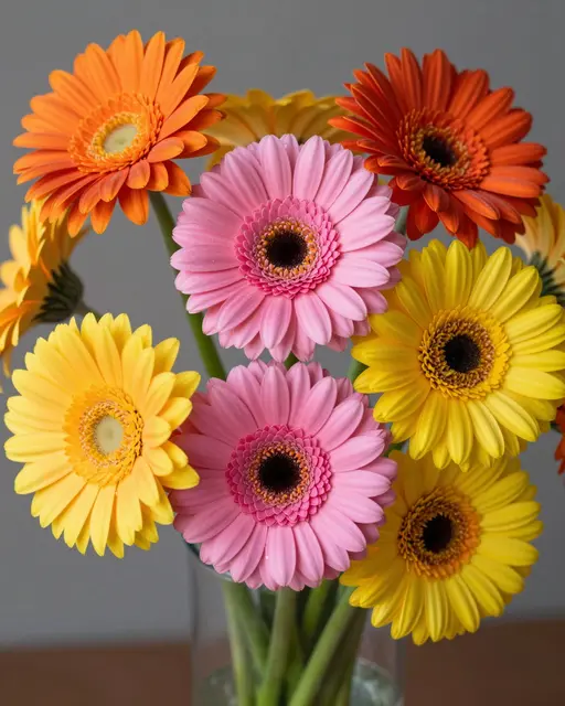 A close-up of a lush bouquet of orange, pink, and yellow gerbera daisies in a clear glass vase against a neutral gray