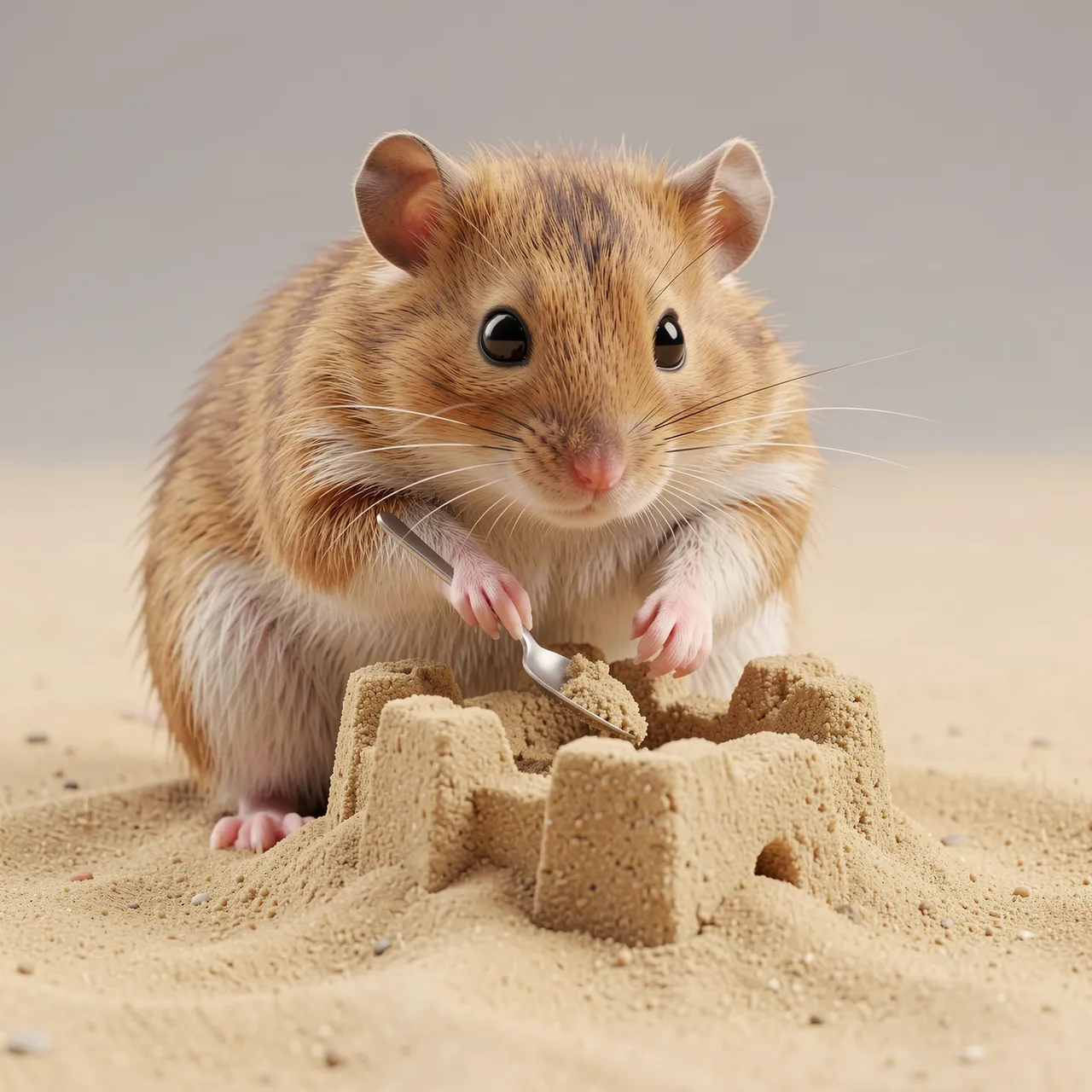 A chubby small rodent uses a teaspoon to build a small detailed sand fort on a sandy surface.