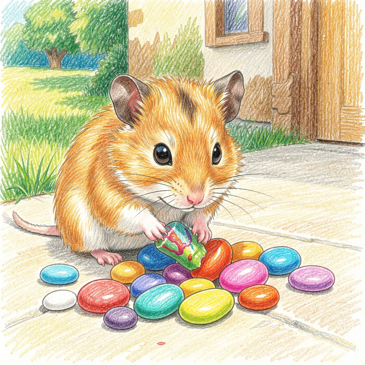 A colored pencil drawing of a cute gerbil painting bright pebbles on a sunny doorstep