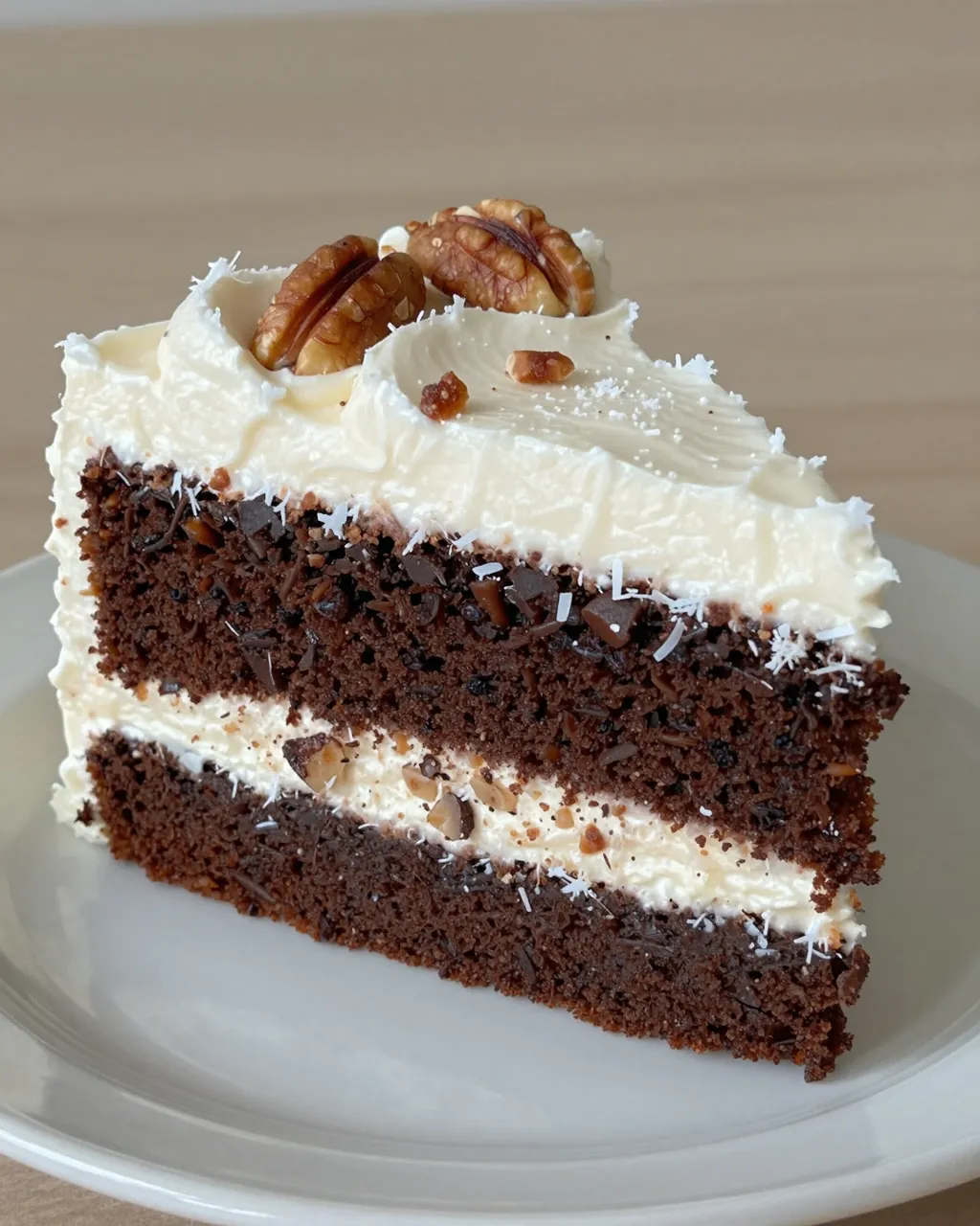 A slice of layered German chocolate cake with coconut pecan frosting rests on a white plate