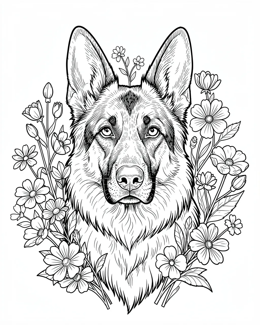 Black and white line art of a German shepherd head surrounded by detailed wildflowers on a plain white background