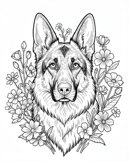 Black and white line art of a German shepherd head surrounded by detailed wildflowers on a plain white background