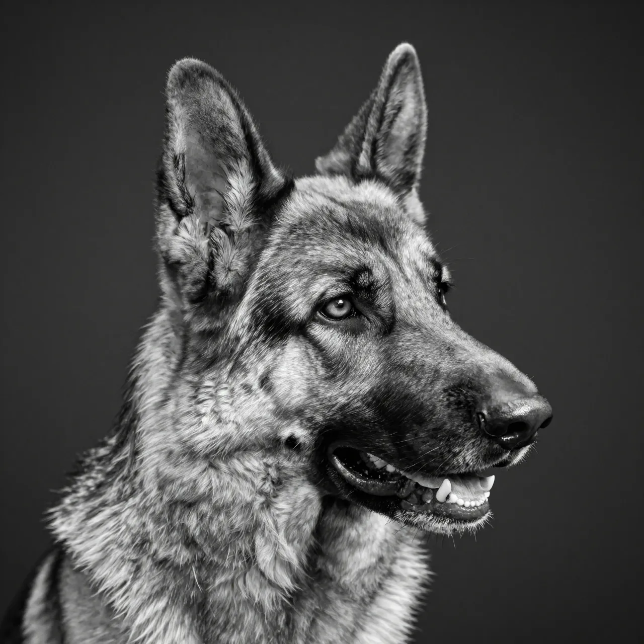 Black and white close-up portrait of an alert German Shepherd with erect ears against a dark solid background