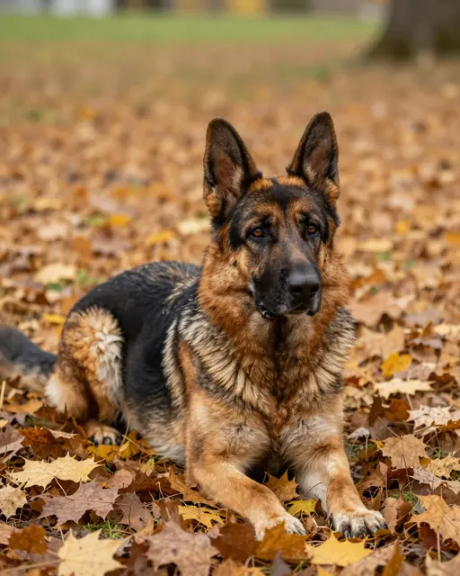 A German Shepherd dog lies resting on fallen autumn leaves in a park