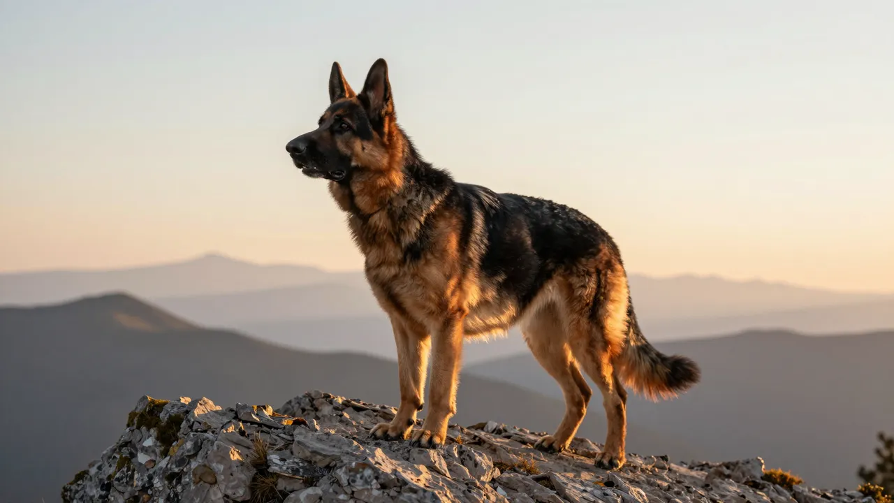 Side view of a black and tan German Shepherd standing on a rocky ridge lit by warm sunrise light