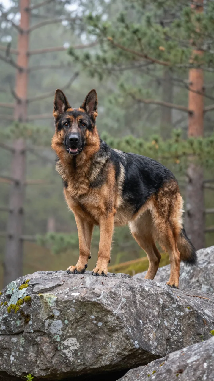 Black and tan German Shepherd stands alert on a lichen-covered boulder in a misty pine forest.